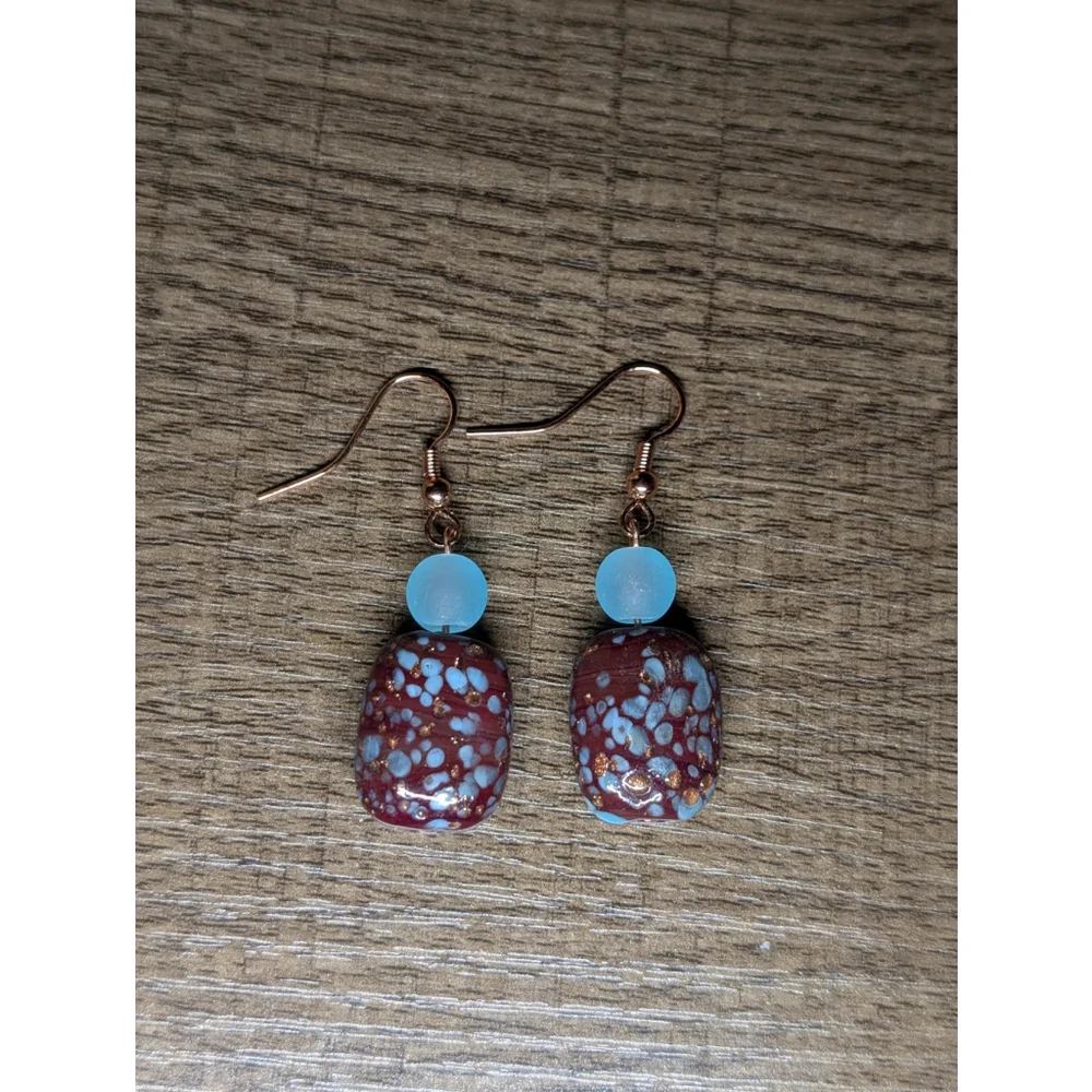 Blue & Brown Glass Dangle Earrings with Rose Gold Hooks Handmade Speckled Bead - Picture 3 of 8